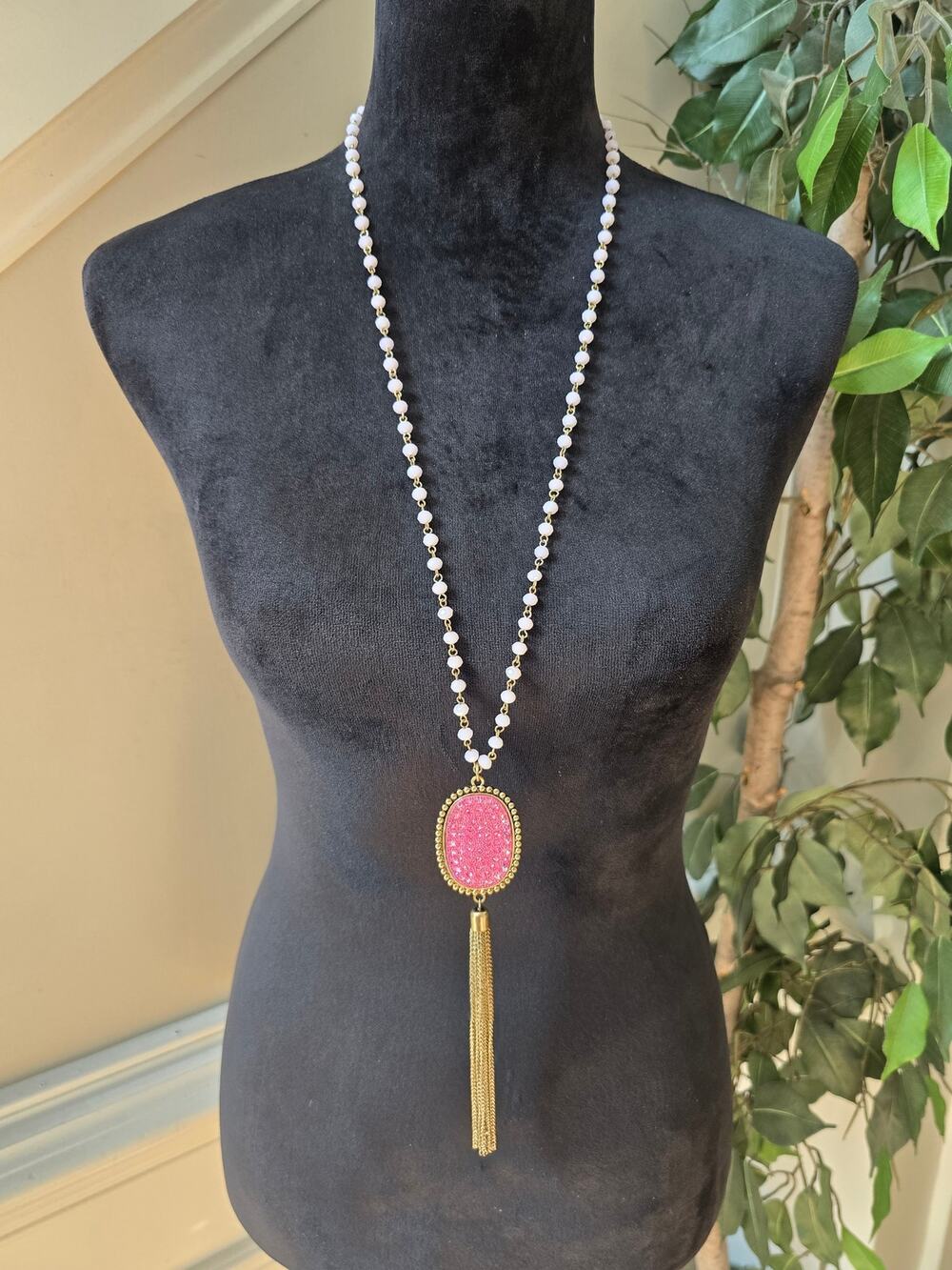 Long Pink Beaded Tassel Pendant Necklace Rhinestone Statement Fashion Jewelry